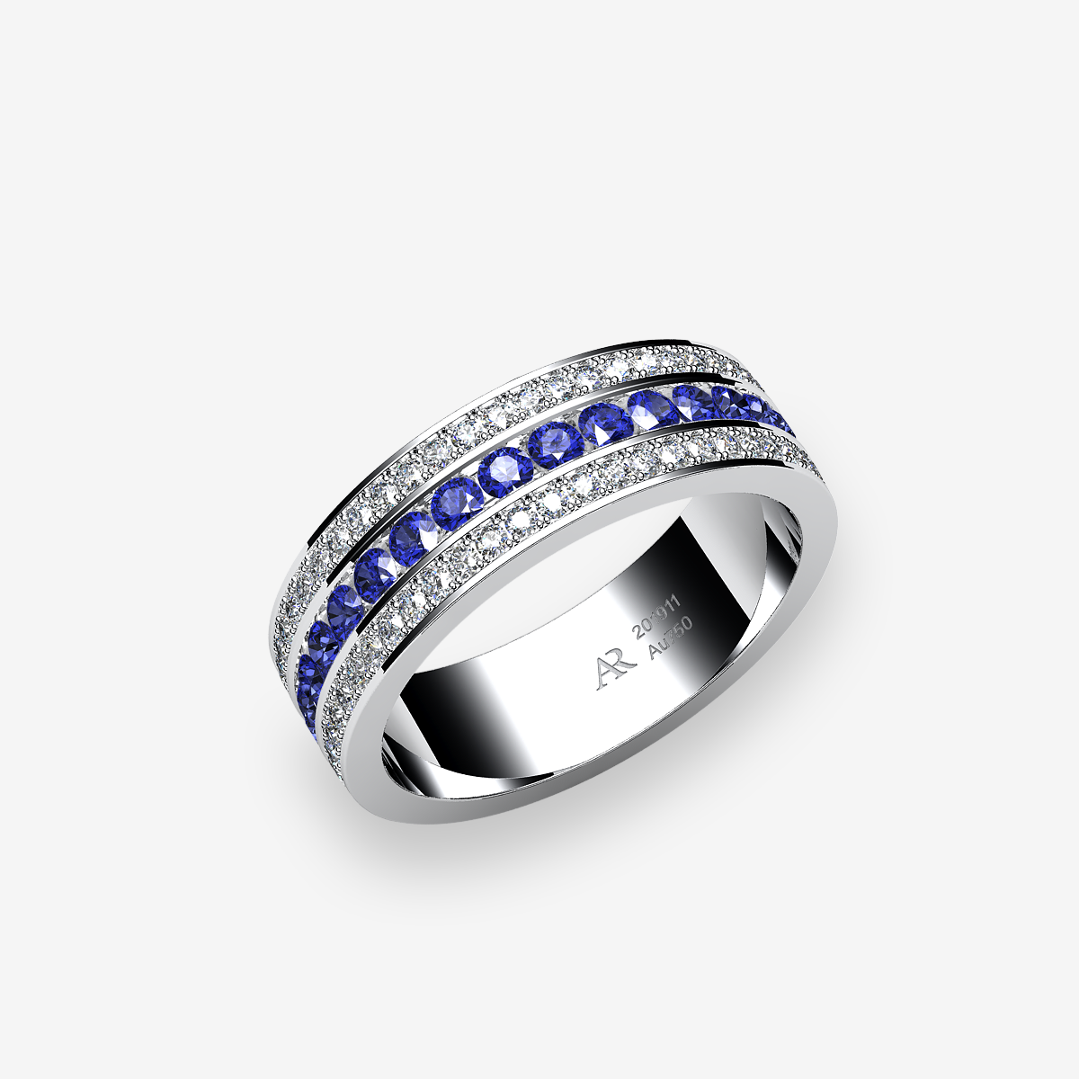 Platinum 950‰ Blue Sapphires channel and pave set wedding ring