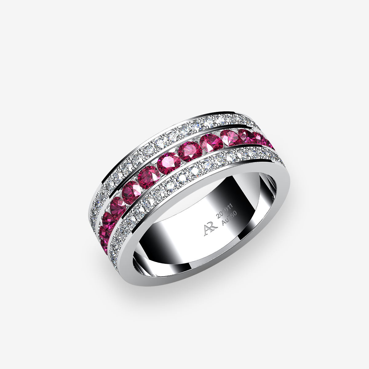 Platinum 950‰ Rubies channel and pave set wedding ring