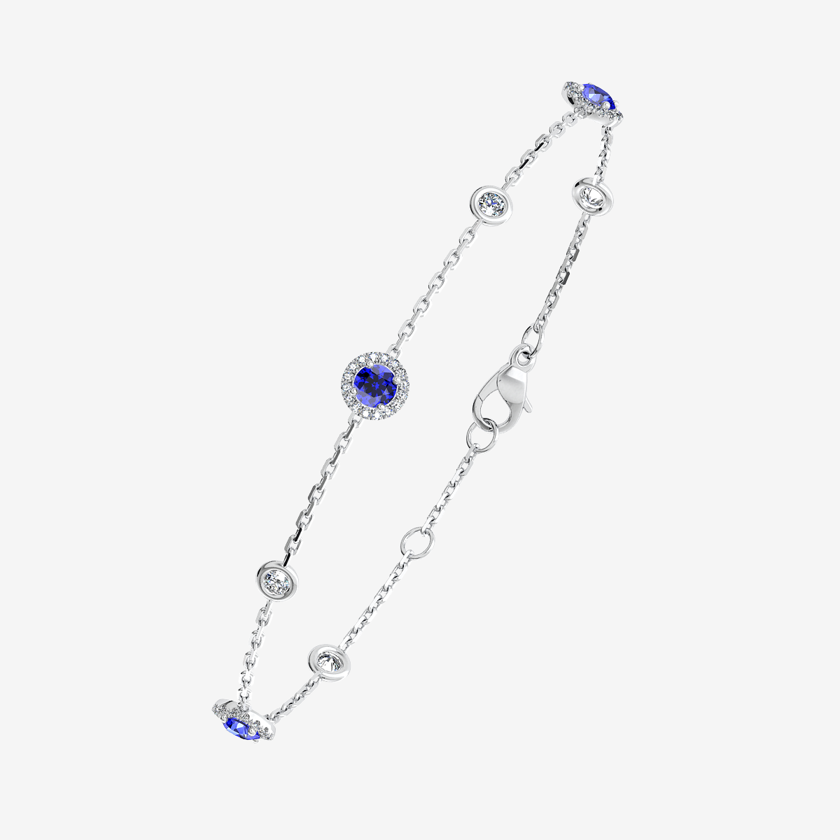 18k Palladium White Gold Blue Sapphire halo bracelet