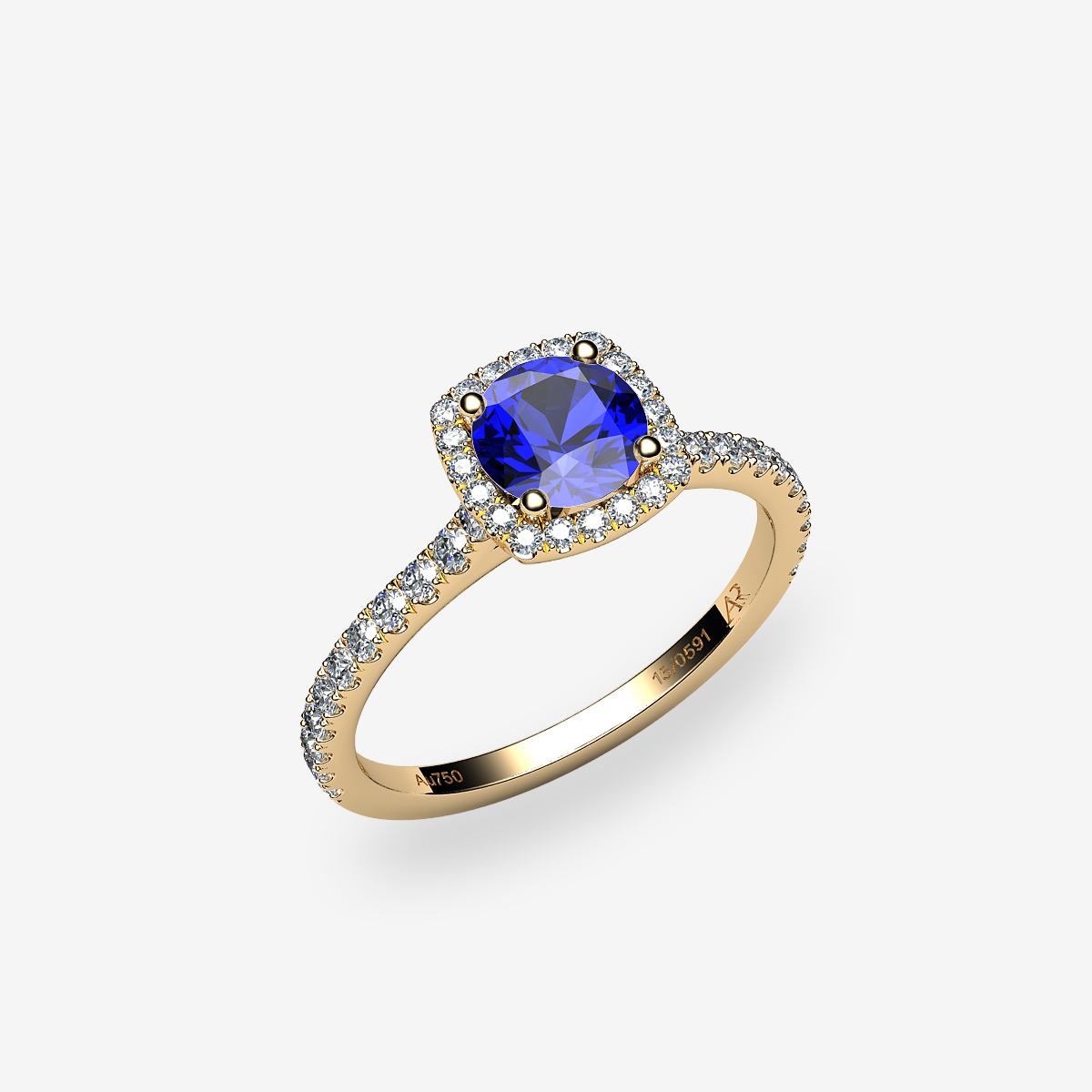 18k Yellow Gold Blue Sapphire halo engagement ring