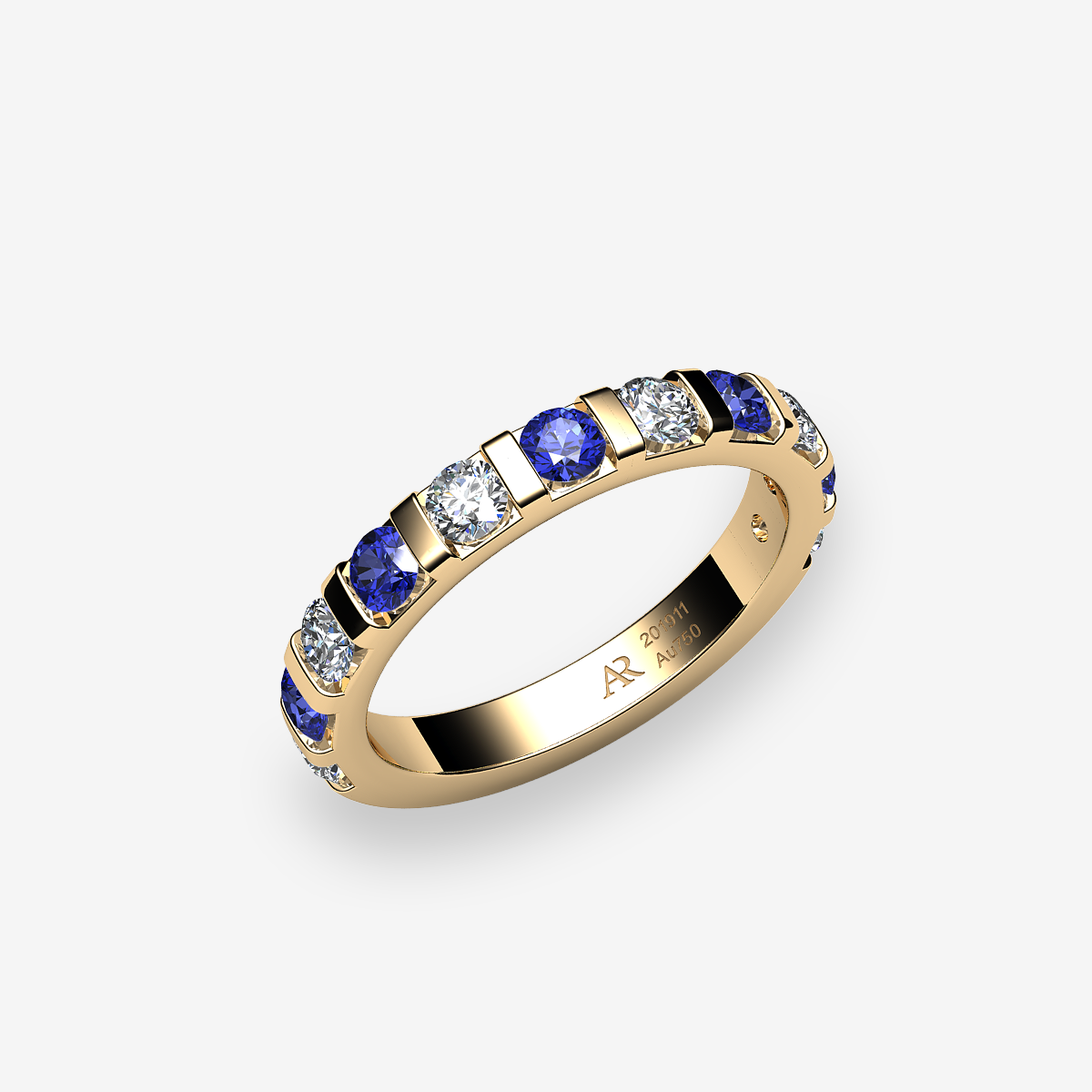 18k Yellow Gold Blue Sapphires bar set wedding ring