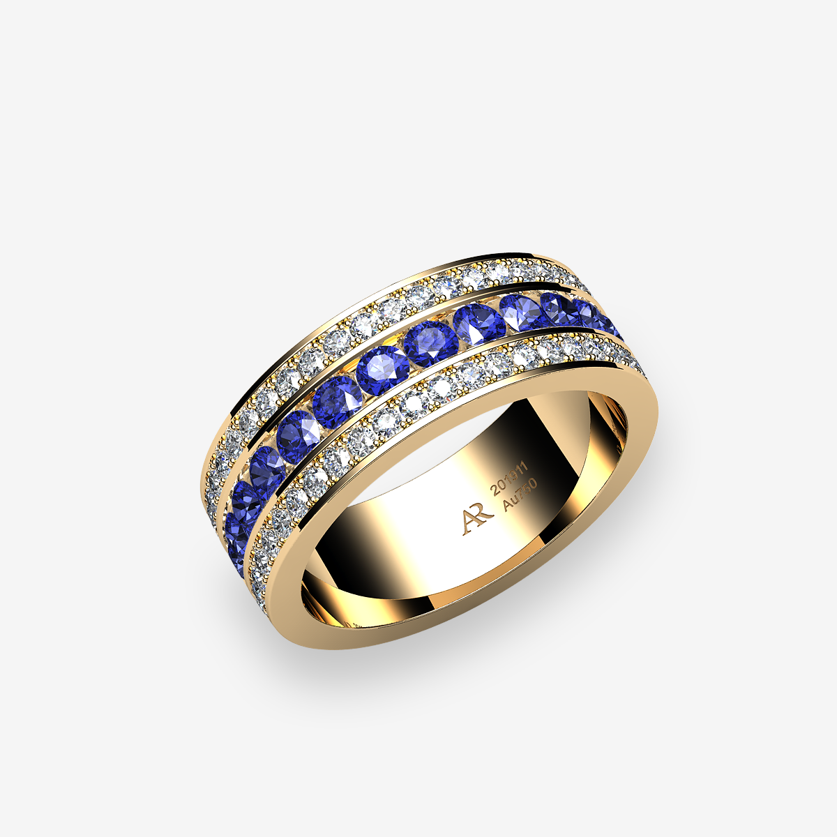 18k Yellow Gold Blue Sapphires channel and pave set wedding ring