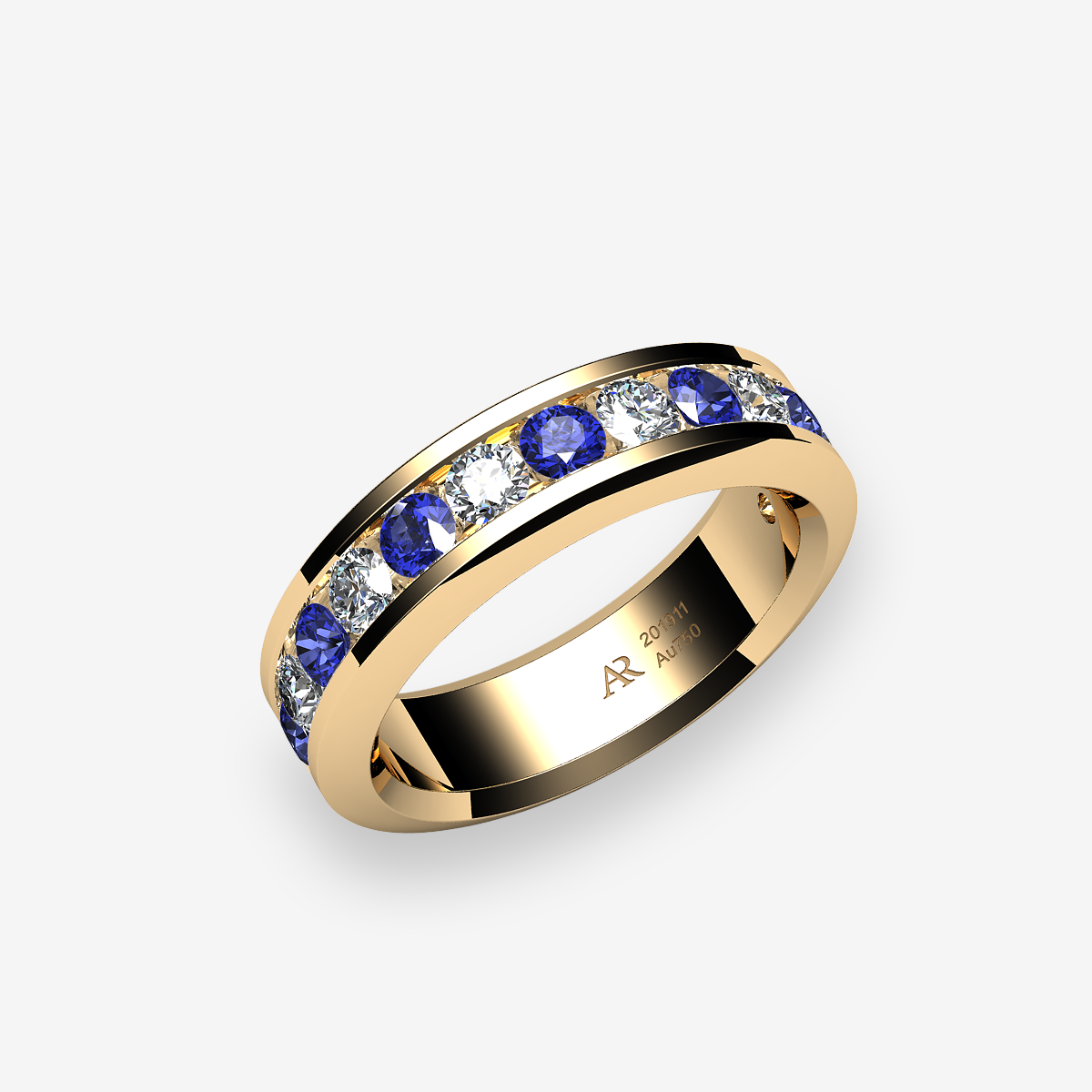 18k Yellow Gold Blue Sapphires channel set wedding ring