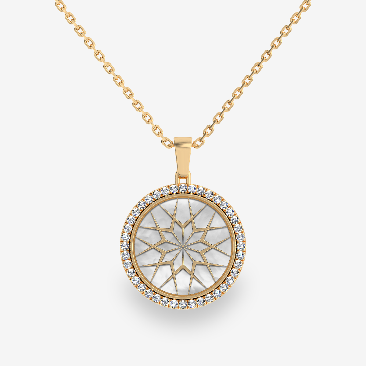 18k Yellow Gold Pearl White Mother of Pearls diamond pave pendant