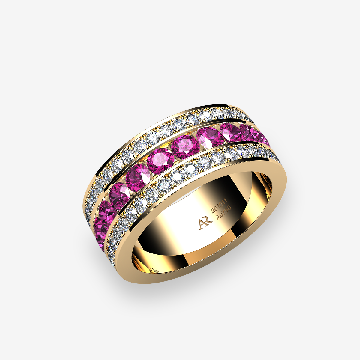 18k Yellow Gold Pink Sapphires channel and pave set ring