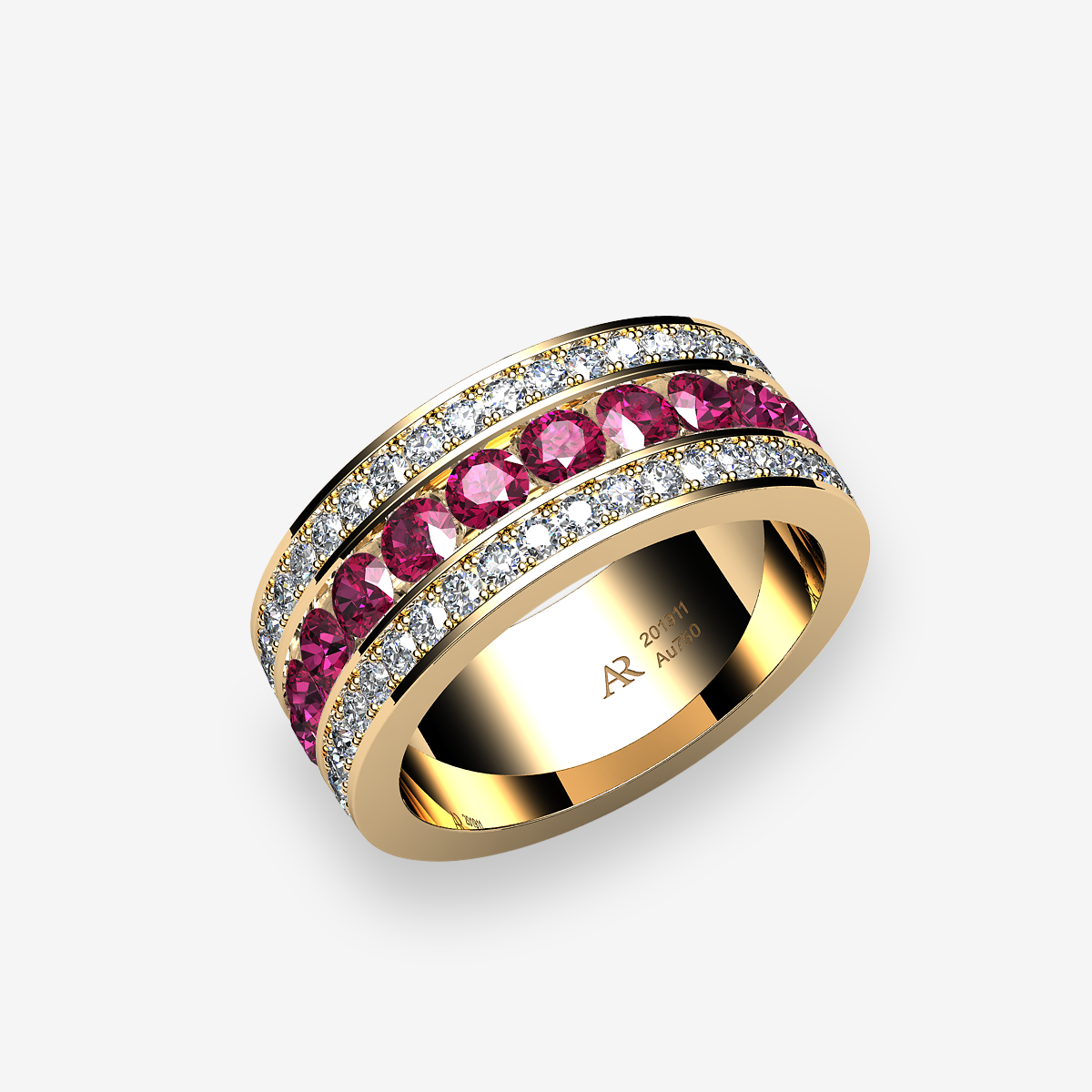 18k Yellow Gold Rubies channel and pave set ring