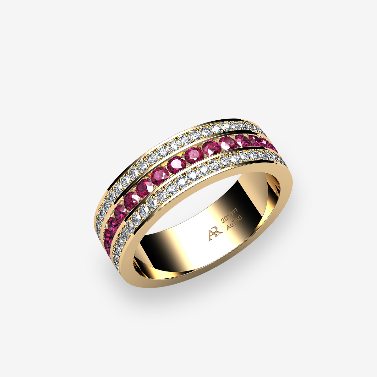 18k Yellow Gold Rubies channel and pave set wedding ring