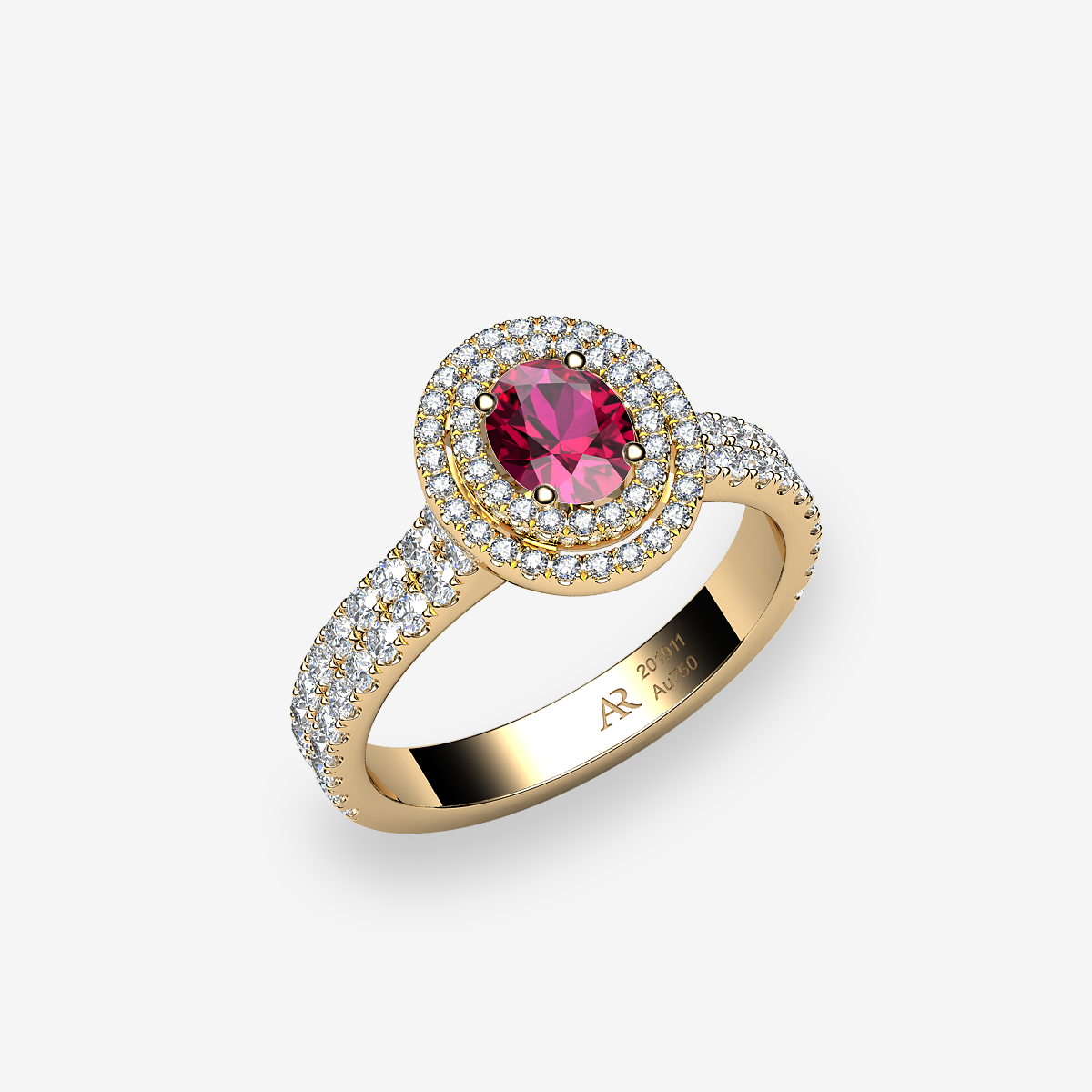 18k Yellow Gold Ruby double halo engagement ring