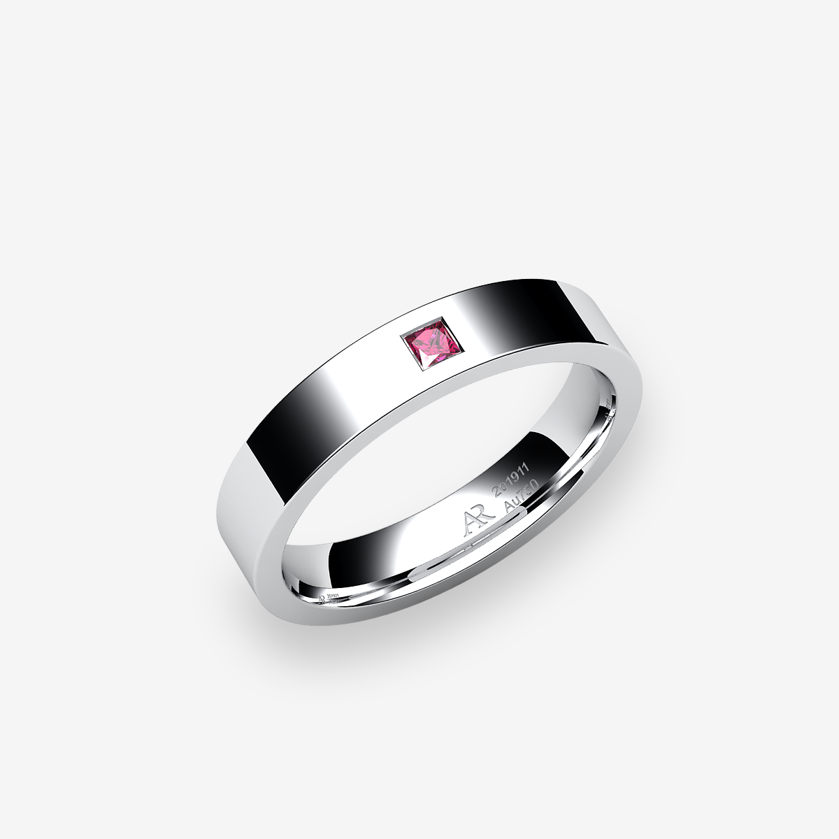 Alliance ruban plat Rubis Or blanc palladié 18 carats