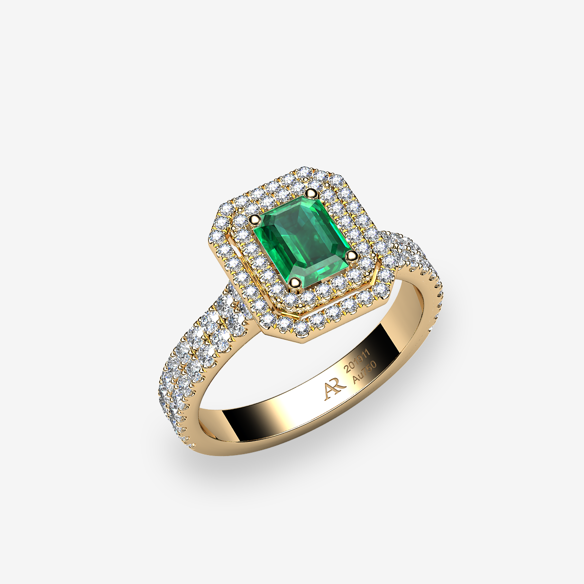 Bague de fiançailles double entourage Émeraude Or jaune 18 carats