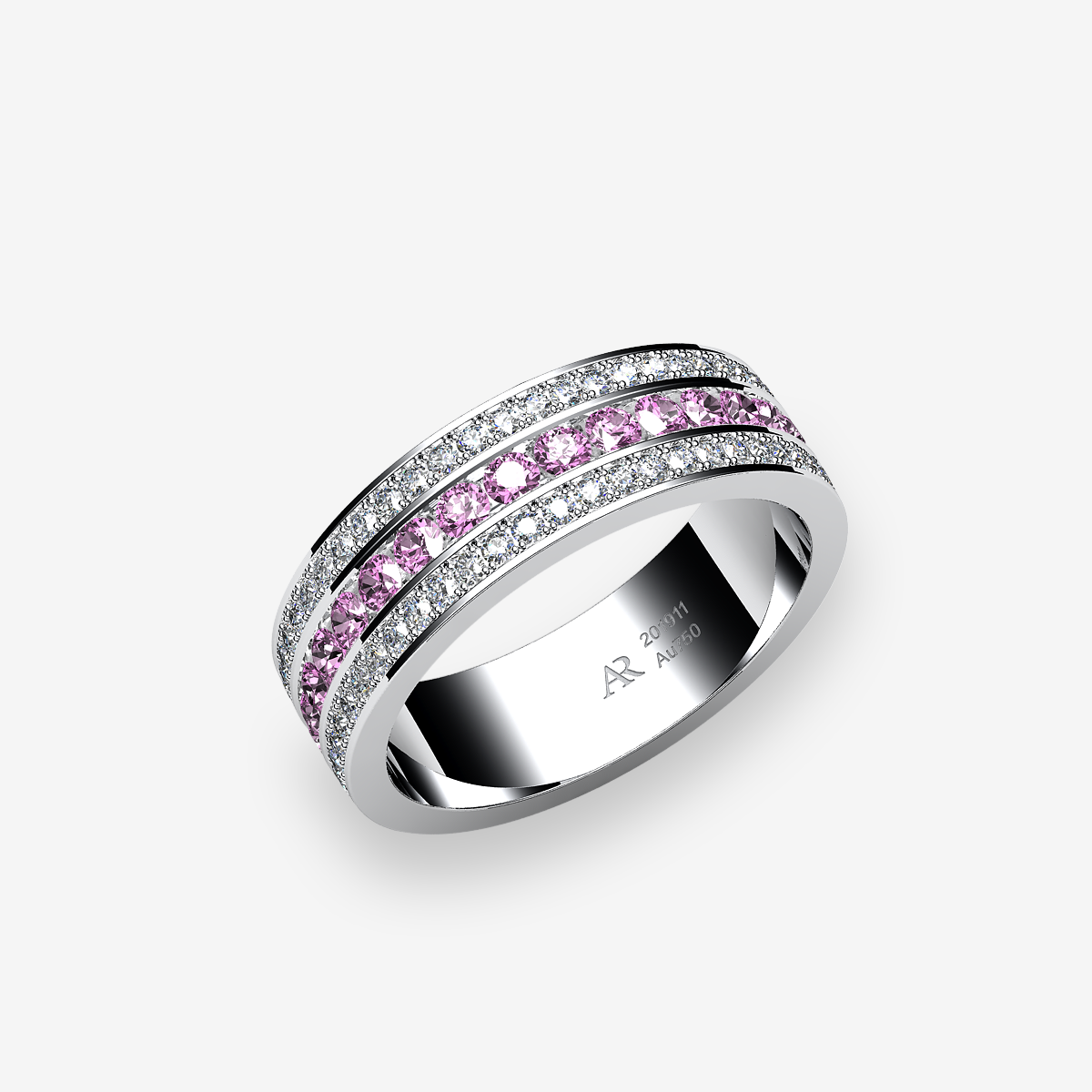Bague serti rail et pavage Saphirs roses Platine 950‰