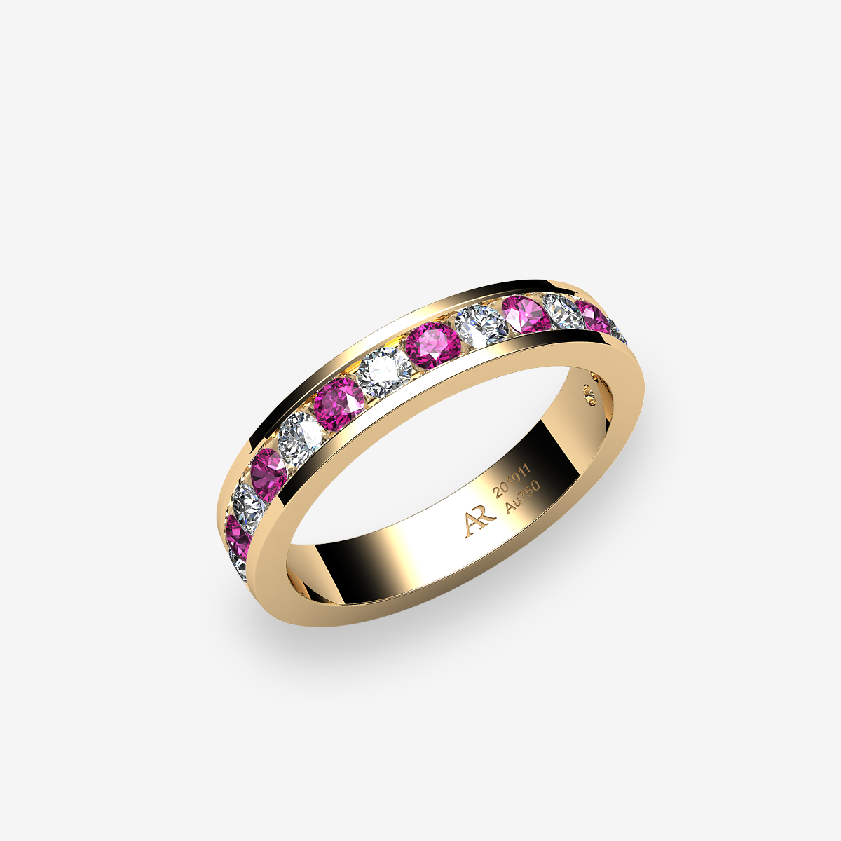 Bague serti rail Saphirs roses Or jaune 18 carats