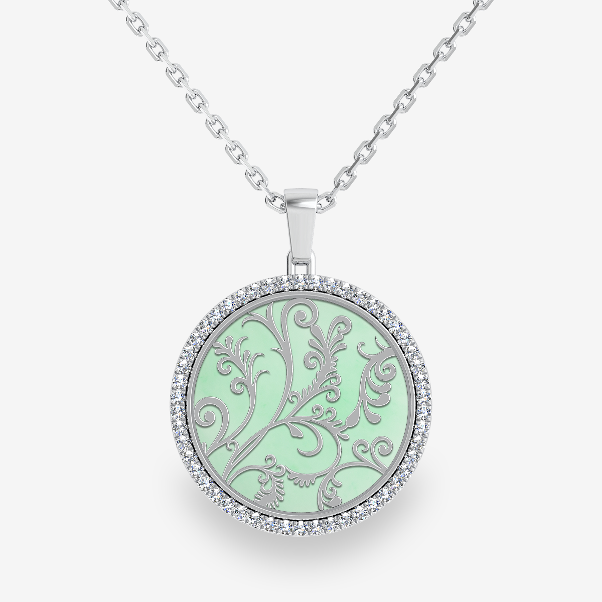 Pendentif pavage diamant Jade vert Or blanc palladié 18 carats