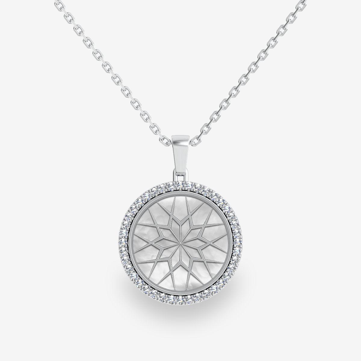 Pendentif pavage diamant Nacre blanche perlée Or blanc palladié 18 carats