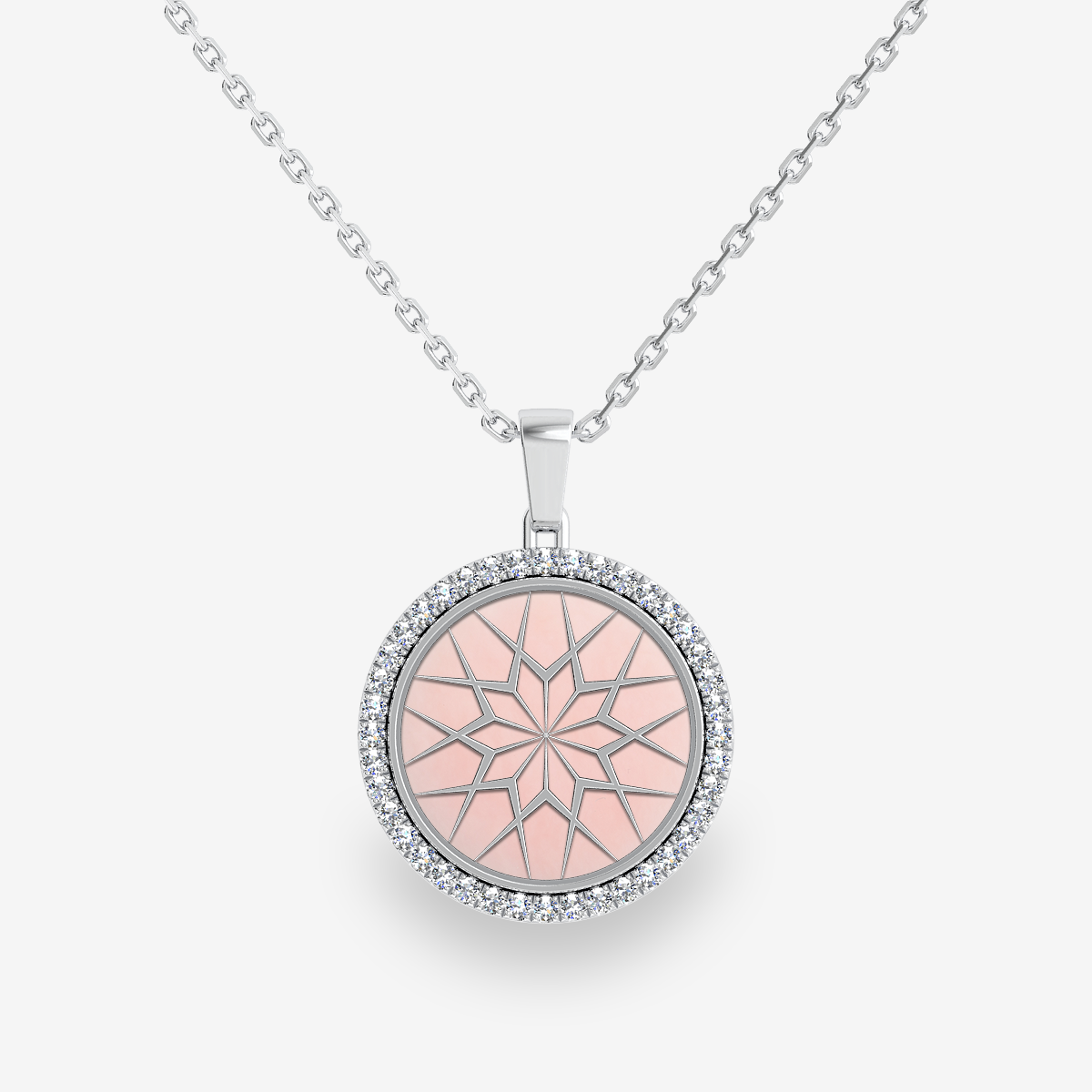 Pendentif pavage diamant Opale rose Or blanc palladié 18 carats