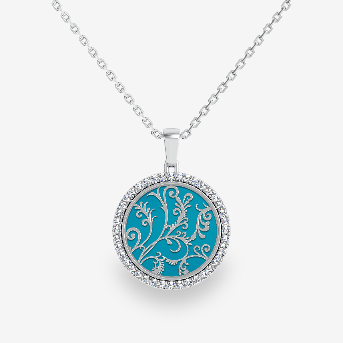 Pendentif pavage diamant Turquoise Or blanc palladié 18 carats