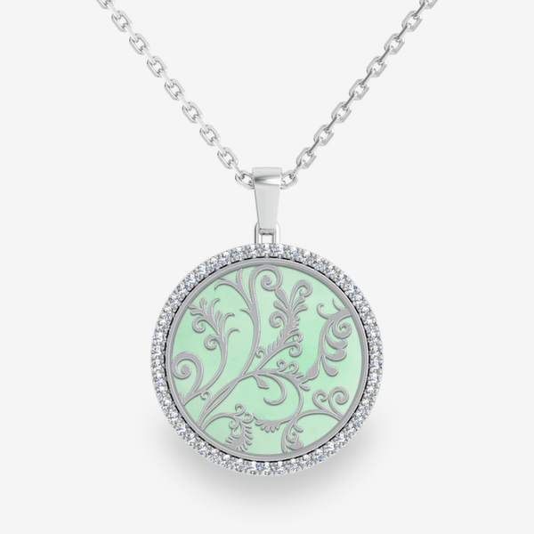 Secret Garden 18k Palladium White Gold Green Jade diamond pave pendant