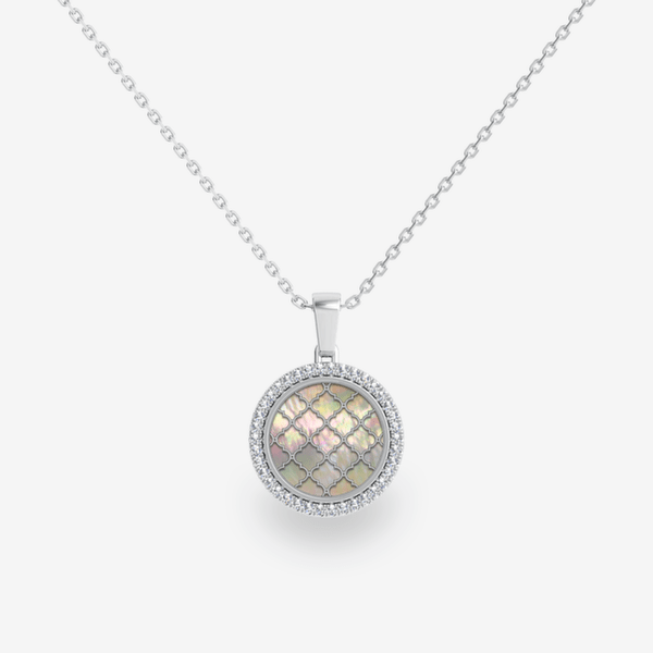 Secret Garden 18k Palladium White Gold Pink Mother of Pearls diamond pave pendant