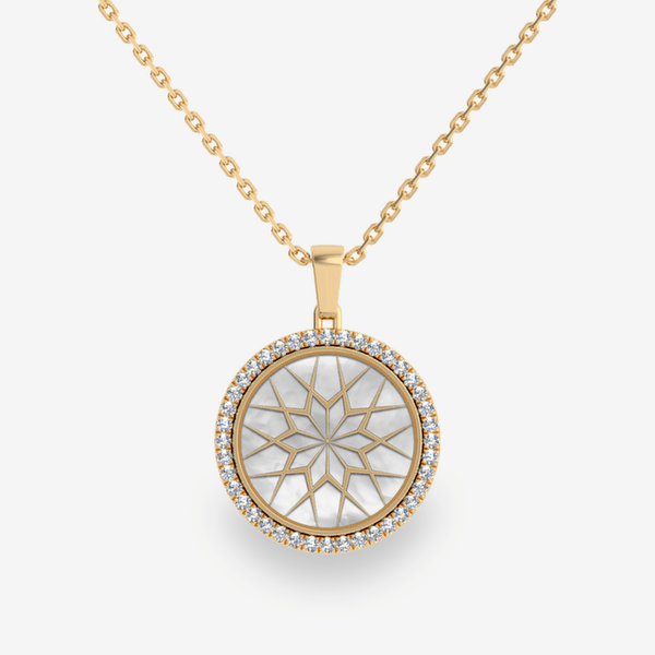 Secret Garden 18k Yellow Gold Pearl White Mother of Pearls diamond pave pendant