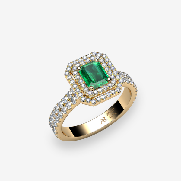Grâce Bague de fiançailles double entourage Émeraude Or jaune 18 carats