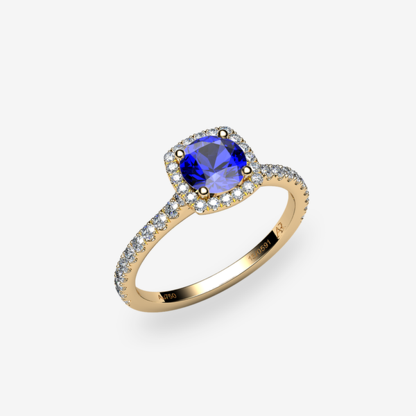 Grâce Bague de fiançailles entourage Saphir bleu Or jaune 18 carats