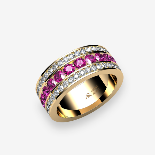 Venise Bague serti rail et pavage Saphirs roses Or jaune 18 carats