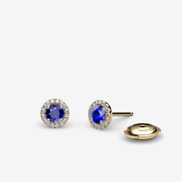 Grâce Boucles d'oreilles entourage Saphirs bleus Or jaune 18 carats